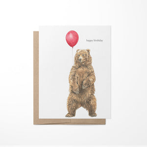 Greeting card with a bear holding a red balloon and 'Happy Birthday' text on a white background.