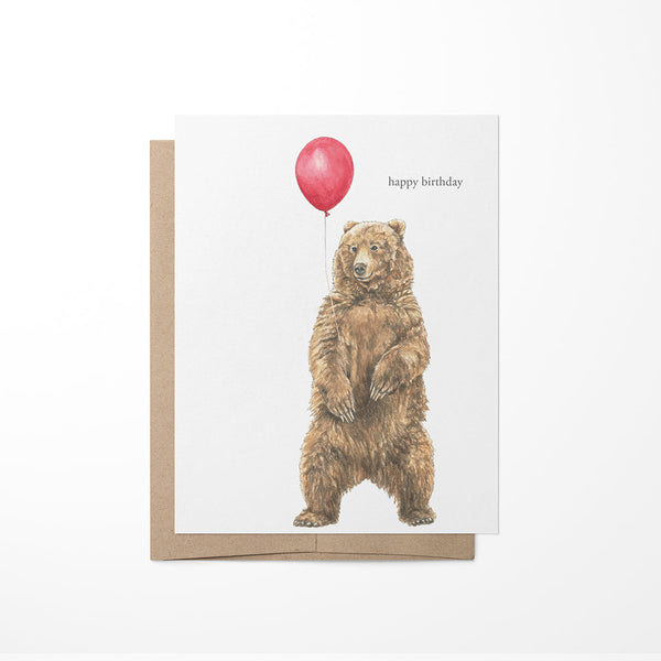 Greeting card with a bear holding a red balloon and 'Happy Birthday' text on a white background.
