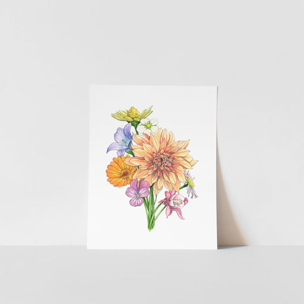 An art print of a bouquet of colorful wildflowers, featuring a watercolor and pencil drawing by artist Heather S Vitticore, with a white border and signed in pencil at the bottom right corner.
