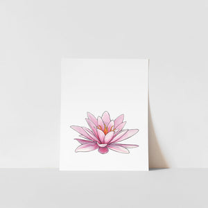 A vertical art print of a pink lily flower with a white background, placed on a shelf.