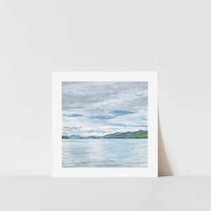 Art print of a watercolor landscape featuring Lake George and the Adirondack Mountains