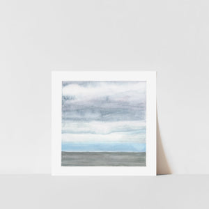 Art print featuring a watercolor landscape painting of the sea coast of Maine