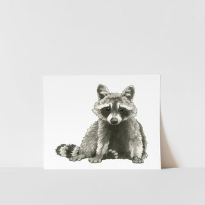 A black and white print of a raccoon with a striped fluffy tail and adorable expression, displayed on a white background.