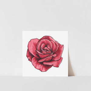 A art print of a red rose on a white background, with a visible artist's signature in pencil at the bottom right corner.