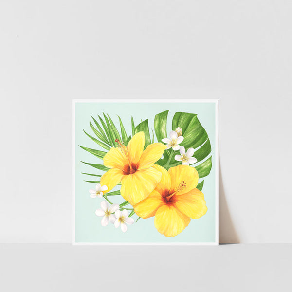 Art print featuring watercolor painting of a tropical bouquet